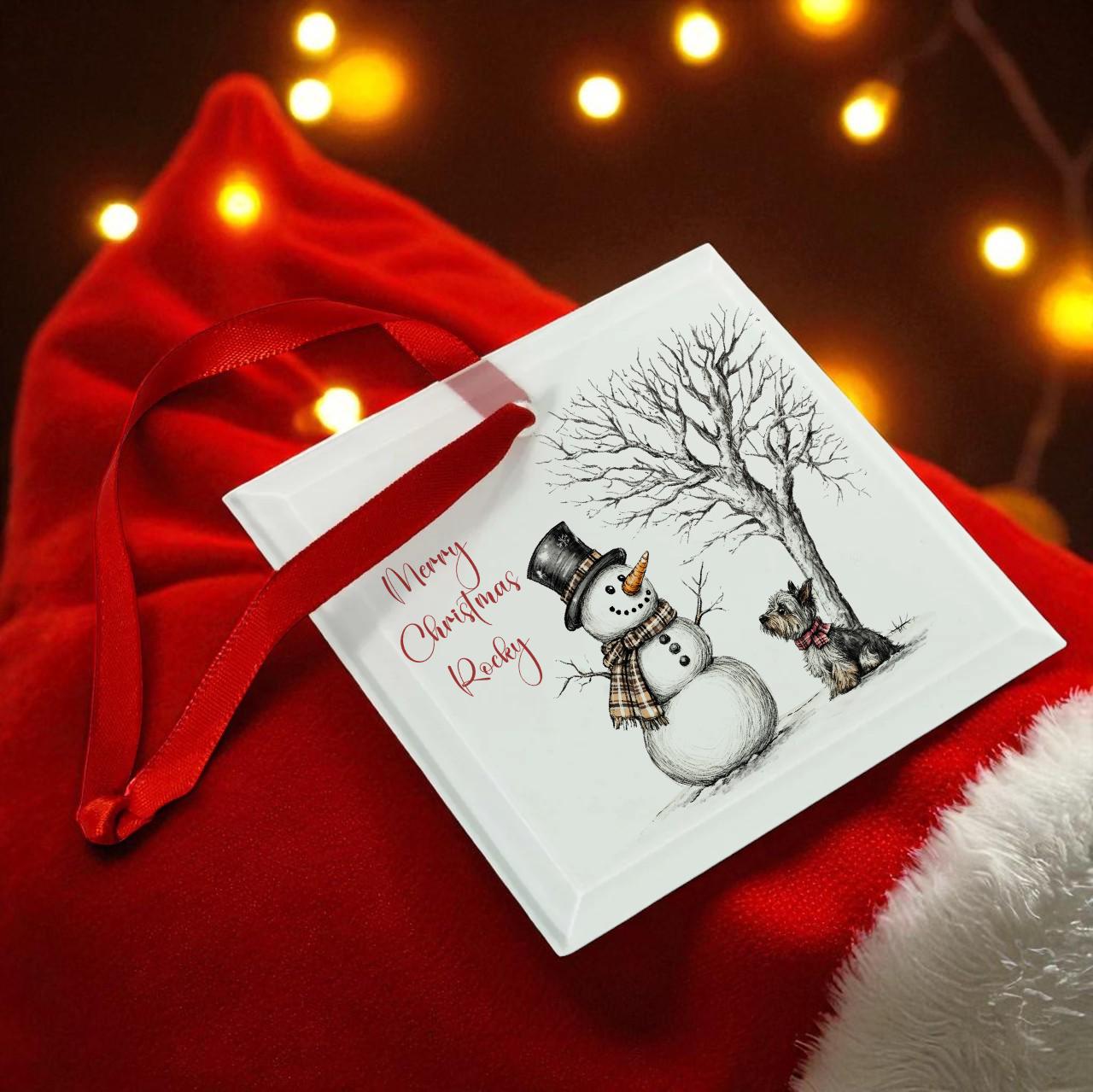 Pet Dog Glass Bauble - Snowman and Dog