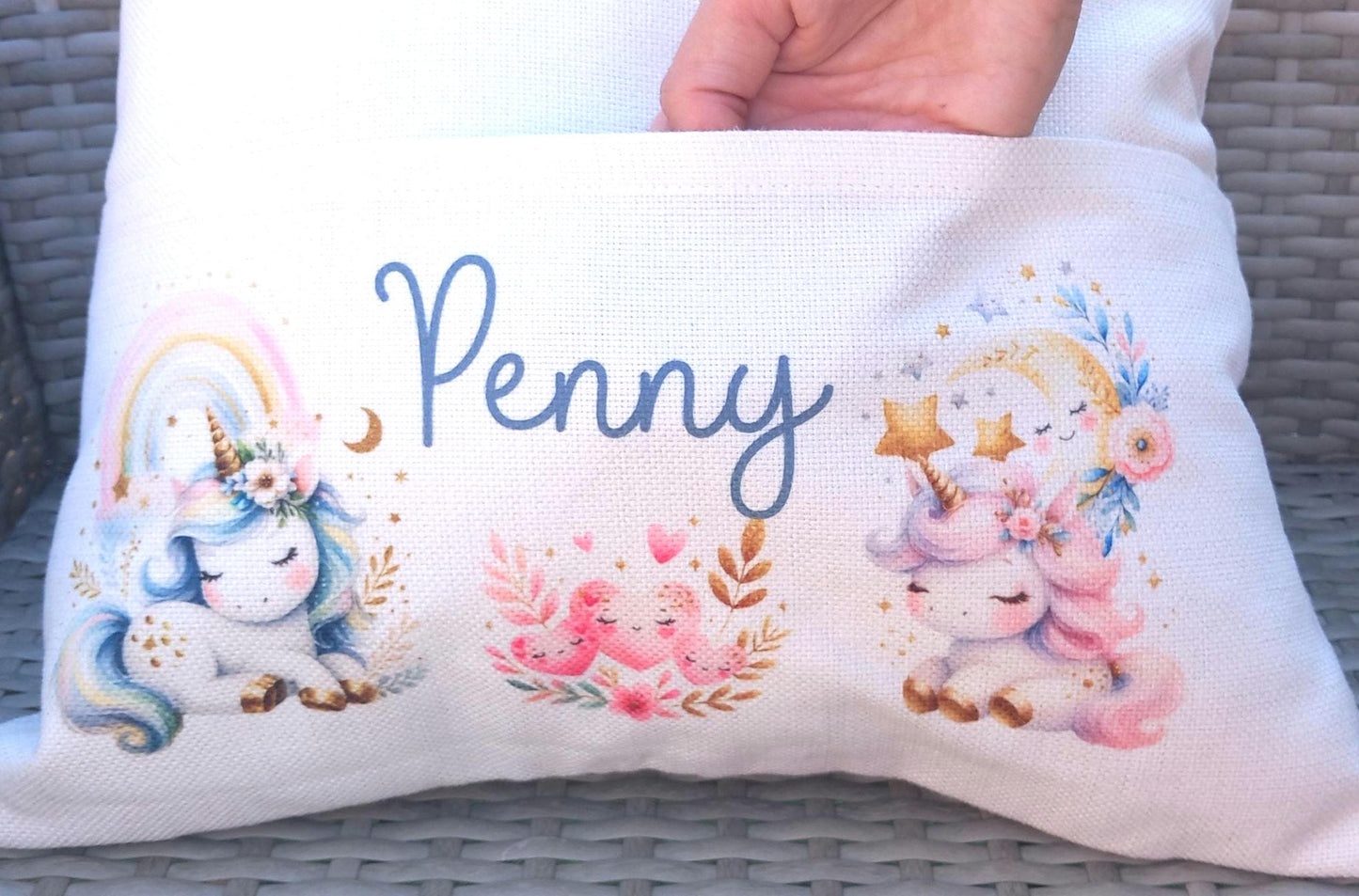 Personalised Linen Unicorn Book Pocket Cushion