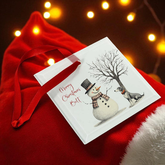 Pet Dog Glass Bauble - Snowman and Dog