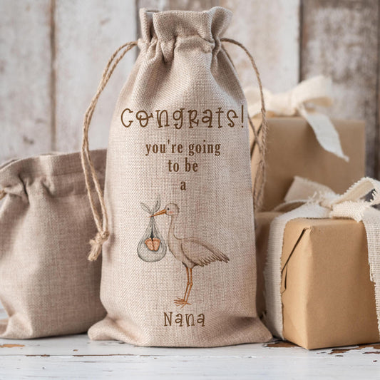 Personalised Baby and Stork Pregnancy Announcement - Hessian Bottle Bag