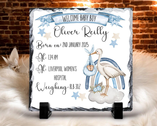 Personalised New Baby Boy - Baby Girl Slate with Stand