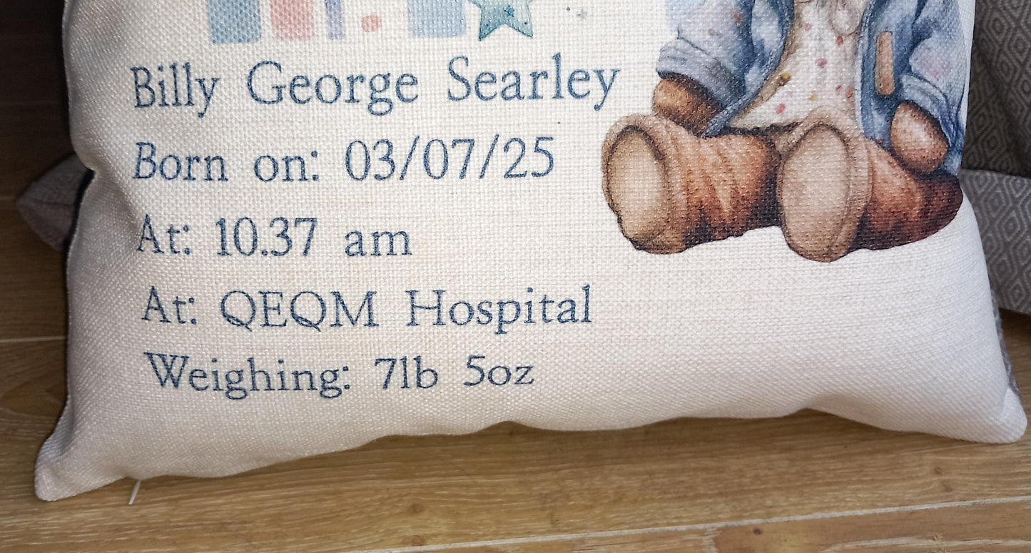 Personalised Linen Cushion with Cover for New Baby