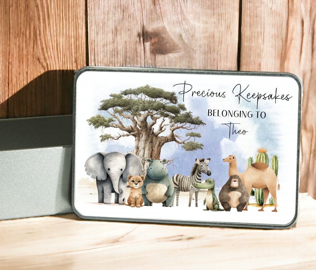 Personalised Baby Keepsake Tin with Cute Safari Animal Theme