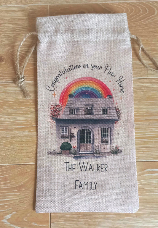 Personalised Hessian Drawstring Bottle Bag 'Congratulations on your New Home'