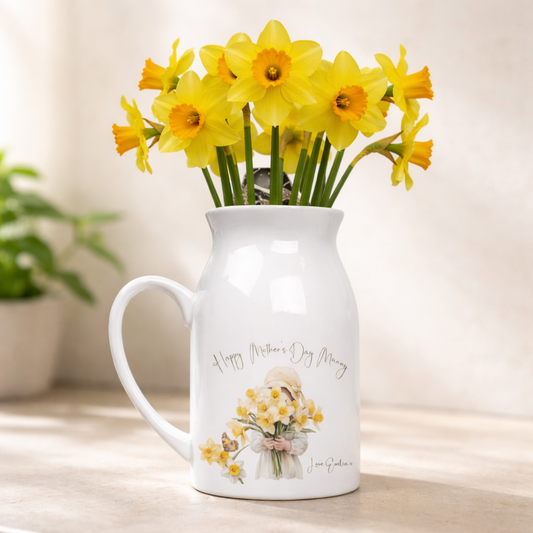 Mother’s Day Daffodil Vase Gift for Mum – Floral Ceramic Vase – “Happy Mother’s Day Mum” – Small Decorative Flower Vase