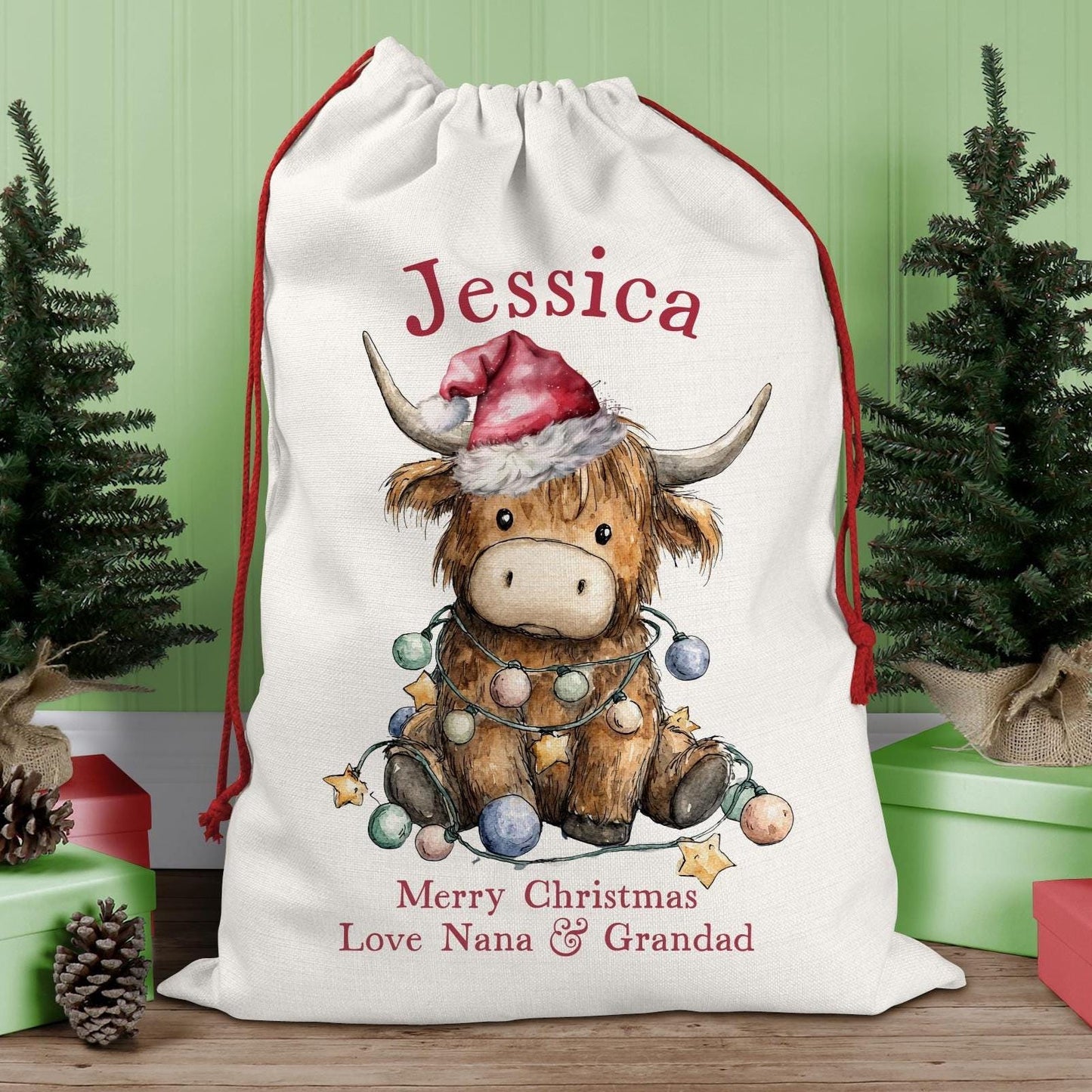 Customised Large Linen Santa Sack with a Christmas Highland Cow