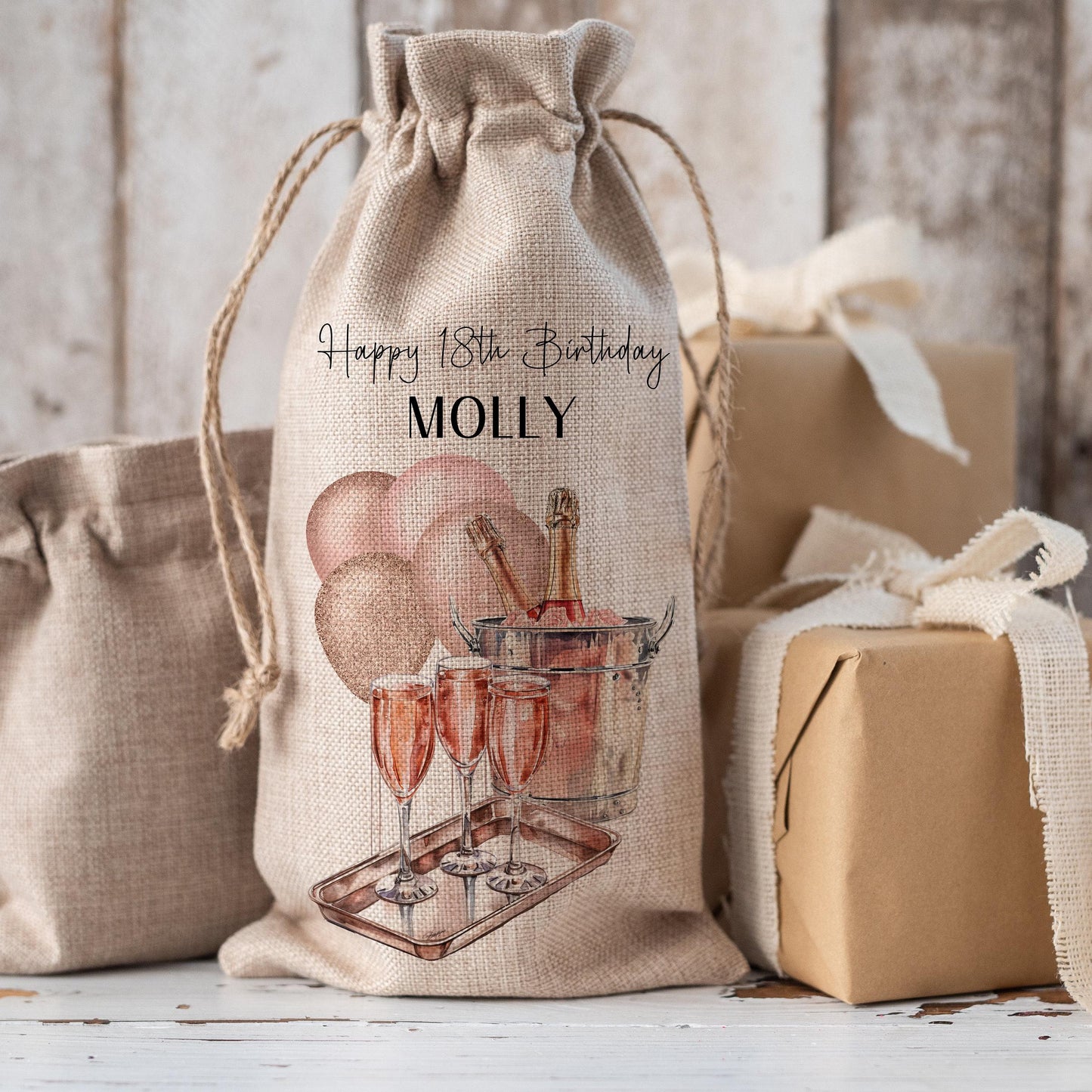 18th Birthday Personalised Hessian Drawstring Bottle Bag