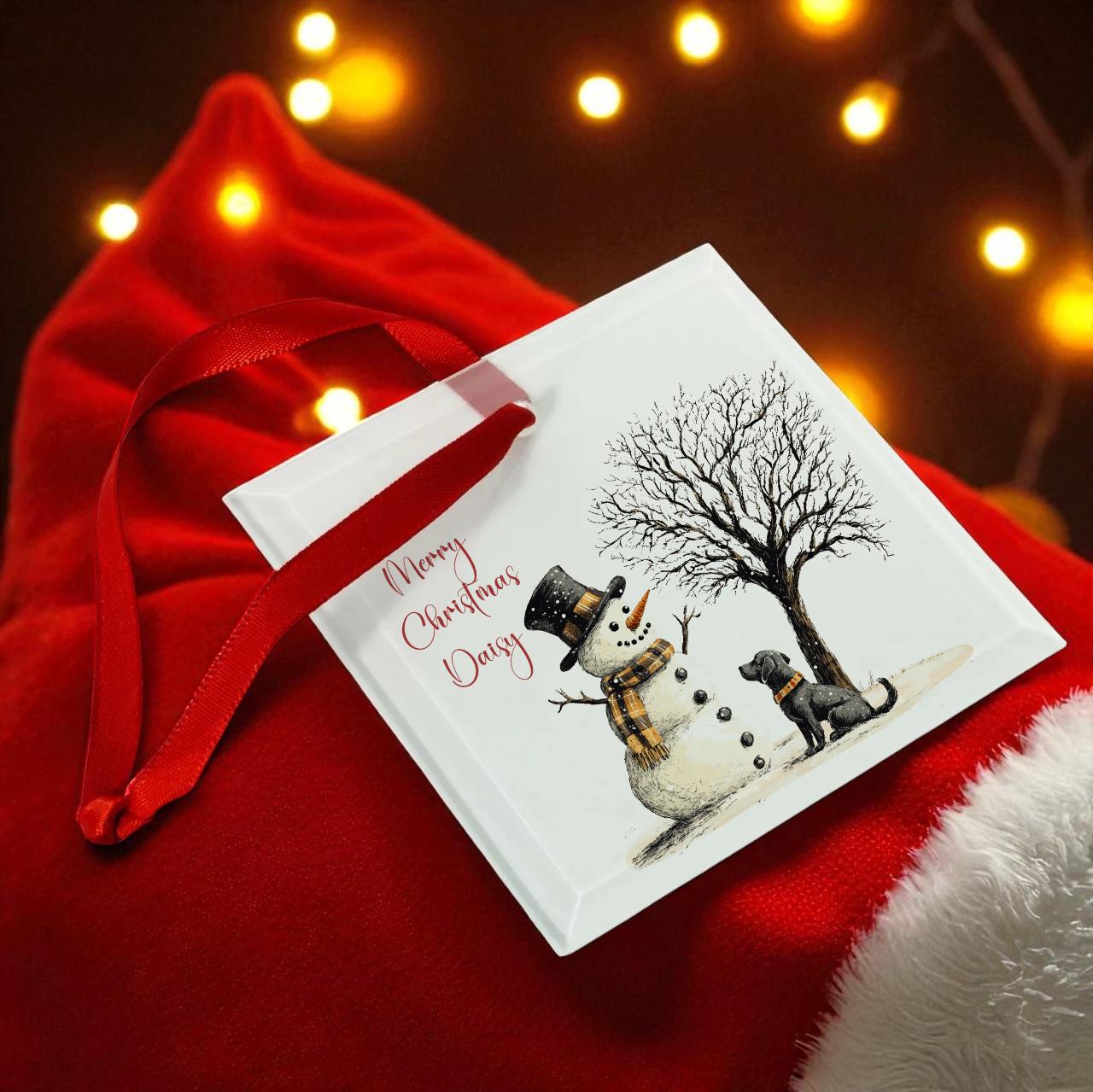 Pet Dog Glass Bauble - Snowman and Dog