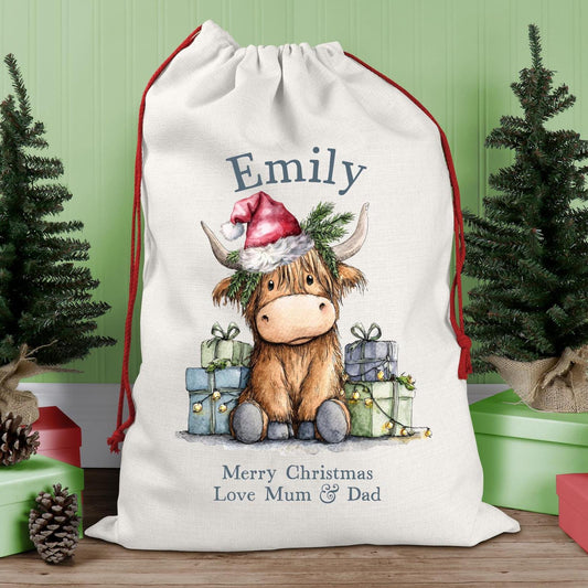 Customised Large Linen Santa Sack with a Christmas Highland Cow