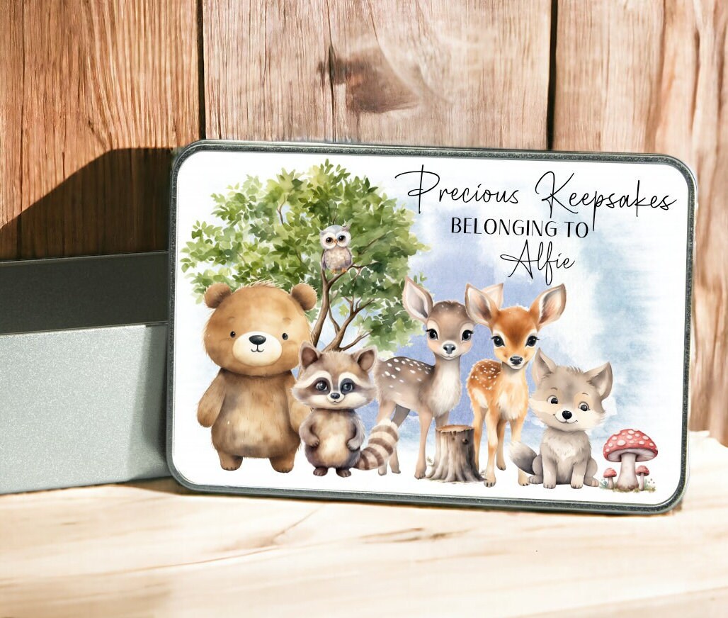 Personalised Baby Keepsake Tin with Cute Woodland Animal Theme