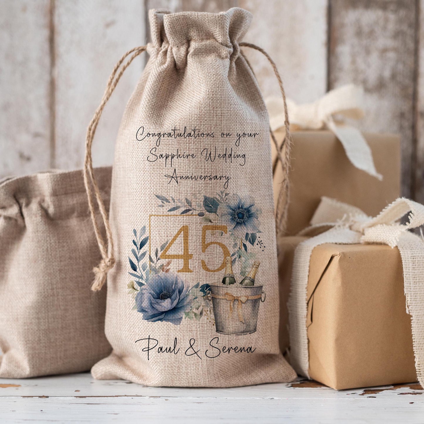 'Congratulations on your Sapphire Wedding Anniversary' Hessian Drawstring Bottle Bag