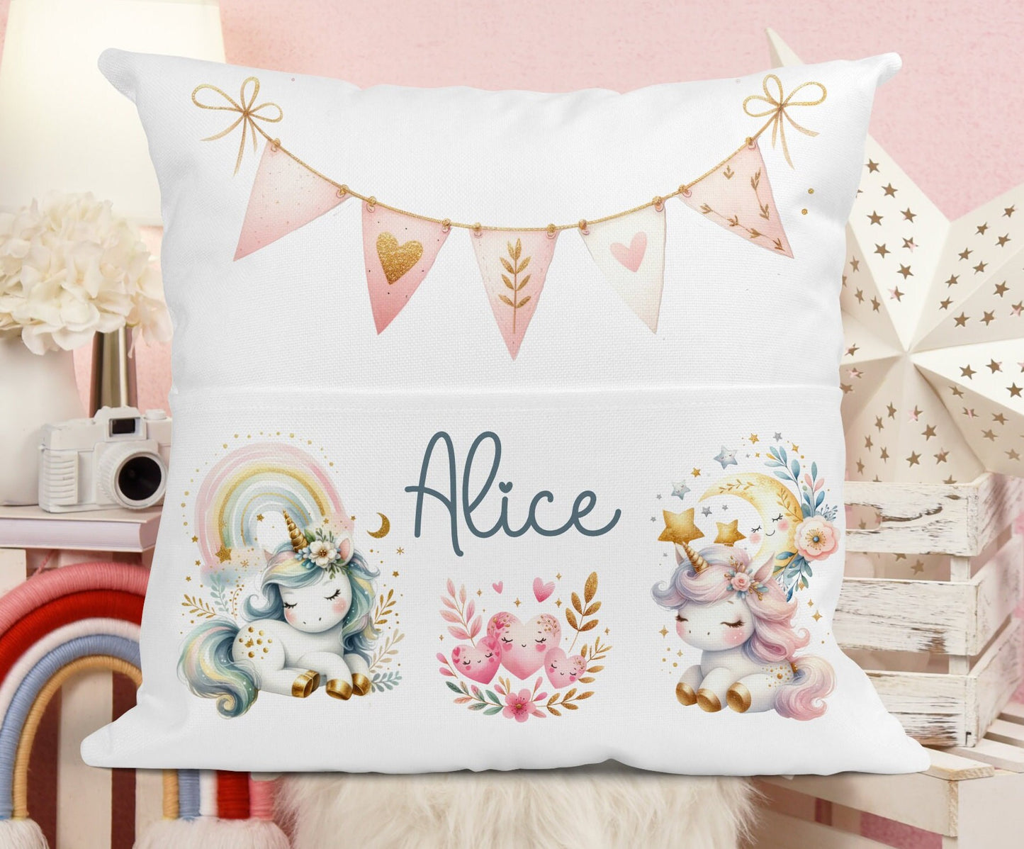 Personalised Linen Unicorn Book Pocket Cushion