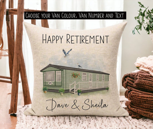 Linen Cushion with Personalised Text and Customised Static Caravan Design.