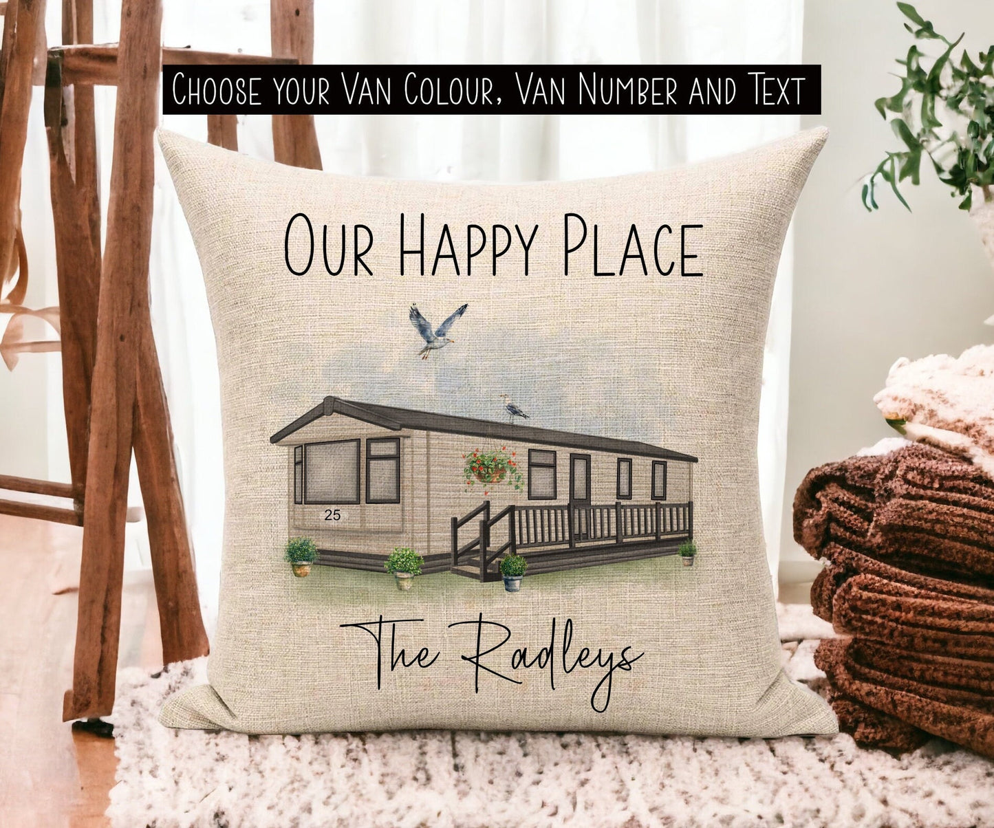 Linen Cushion with Personalised Text and Customised Static Caravan Design.