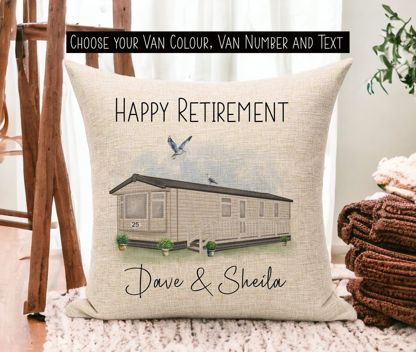 Linen Cushion with Personalised Text and Customised Static Caravan Design.