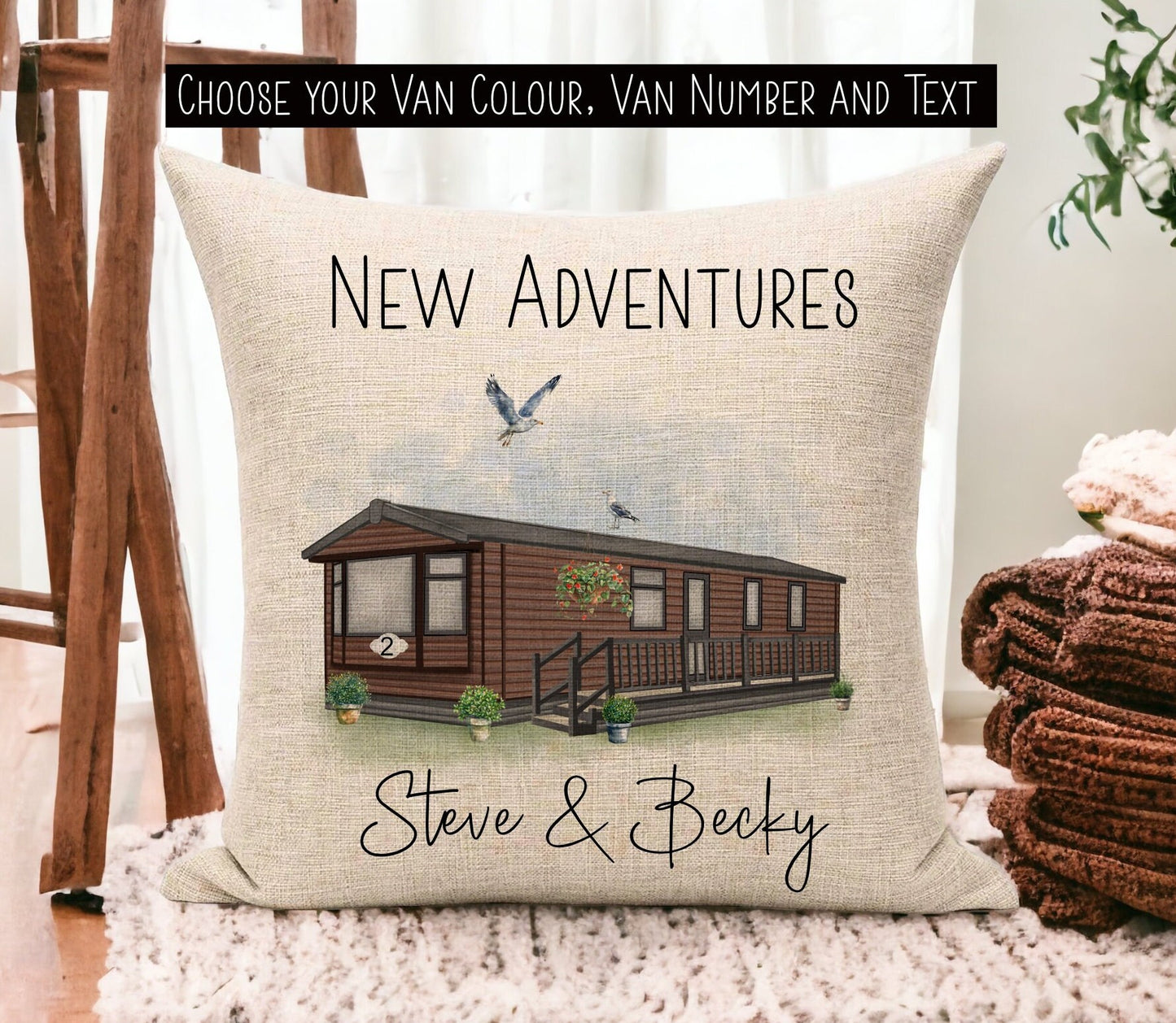 Linen Cushion with Personalised Text and Customised Static Caravan Design.