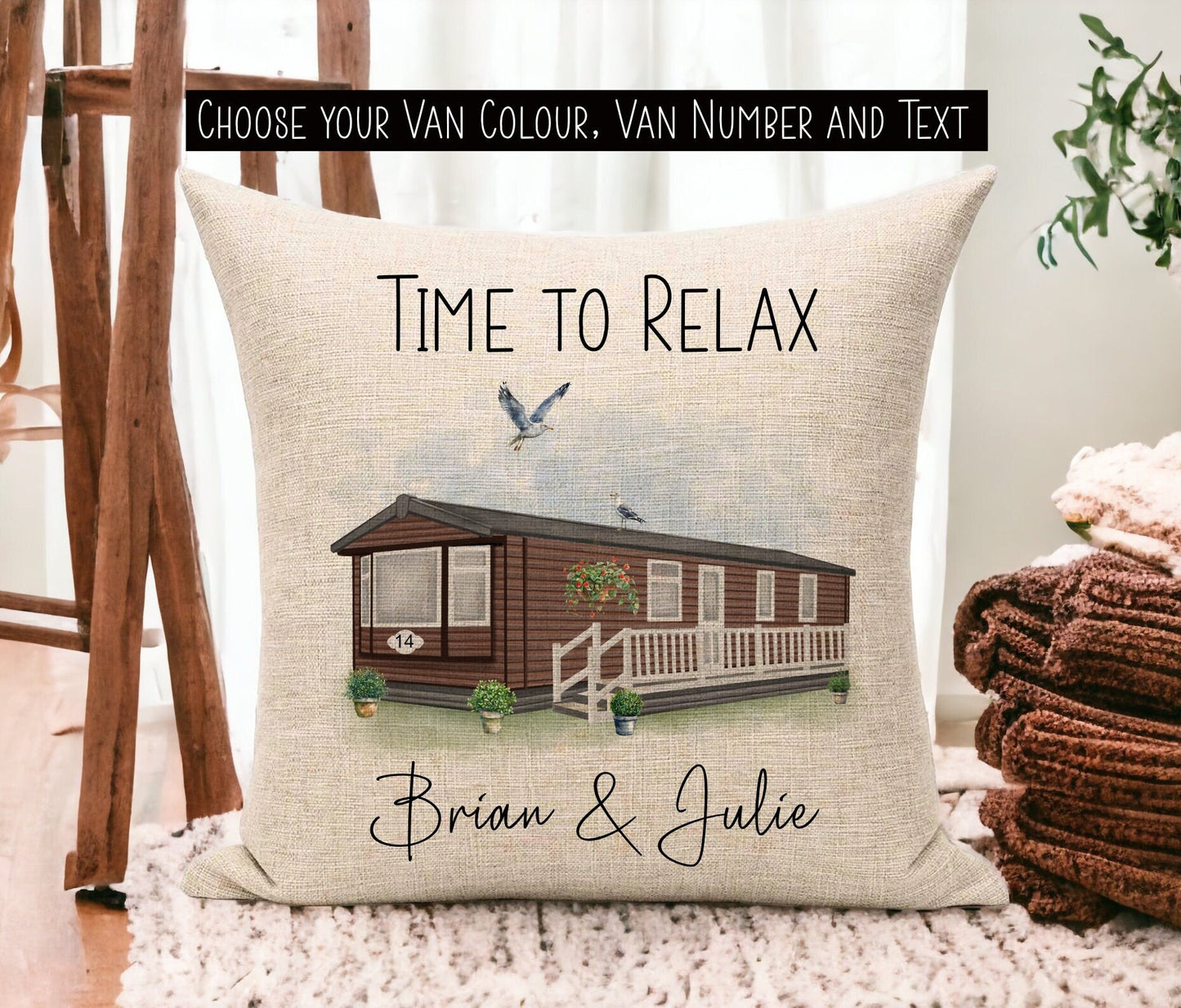 Linen Cushion with Personalised Text and Customised Static Caravan Design.