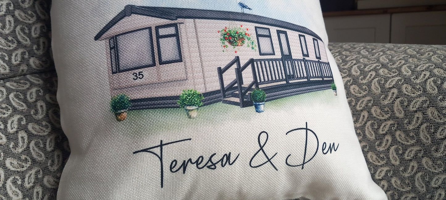 Personalised Static Caravan Linen Cushion - Customise Caravan colour, text and van number - Gift for Static van Owners - Cushion and Cover