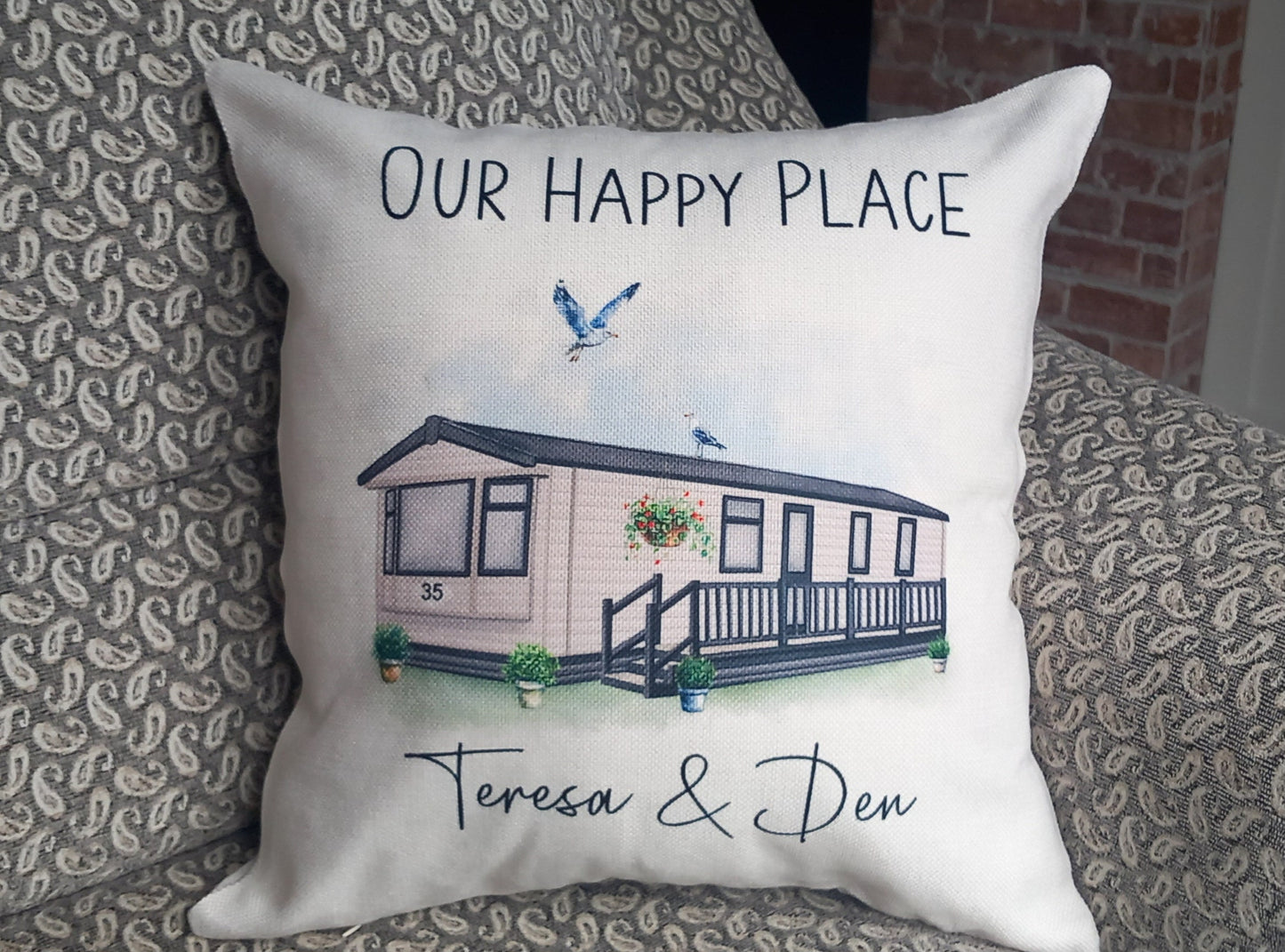 Personalised Static Caravan Linen Cushion - Customise Caravan colour, text and van number - Gift for Static van Owners - Cushion and Cover