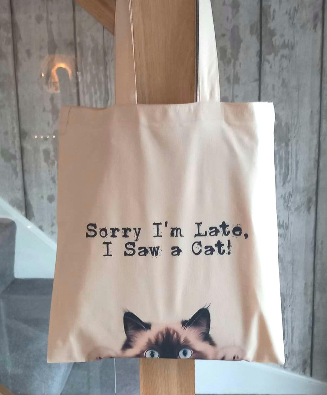 Sorry I'm Late, I Saw a Cat Tote Bag - 12 Breeds to Choose From - Bag for Cat Lovers - Peeping Cats - Cat Owner Gift - Natural Colour