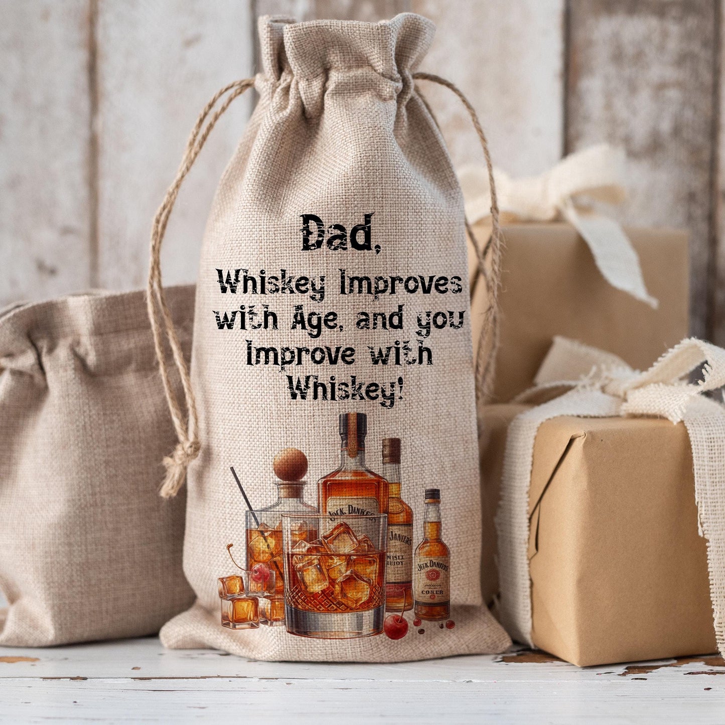 Personalised Hessian Drawstring Whiskey Themed Bottle Bag - Whiskey Presentation Bag - For Dad - For Him - For Brother - Whiskey Gift Bag