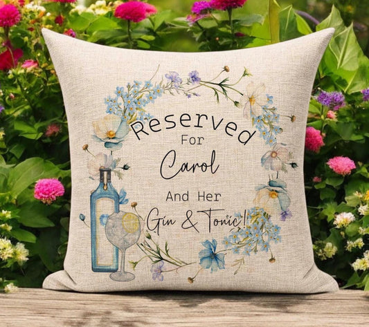 Personalised Linen Reserved Seat Cushion Gin & Tonic Theme with Blue flowers Gin Lovers Gift Cushion and Cover Retirement Gift Friend Gift