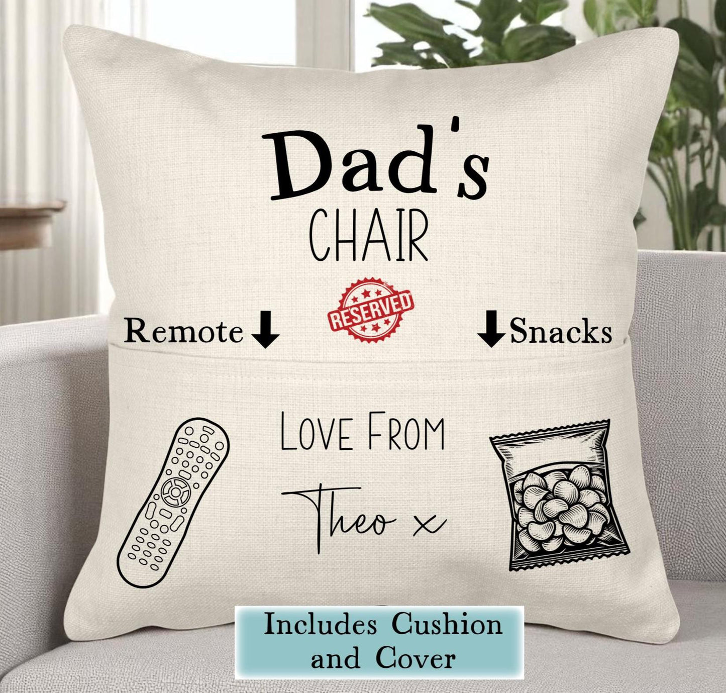 Personalised Reserved for Dad Pocket Cushion - Remote and Snacks - Gift from Kids - Linen Cushion and Cover - Fathers Day Gift