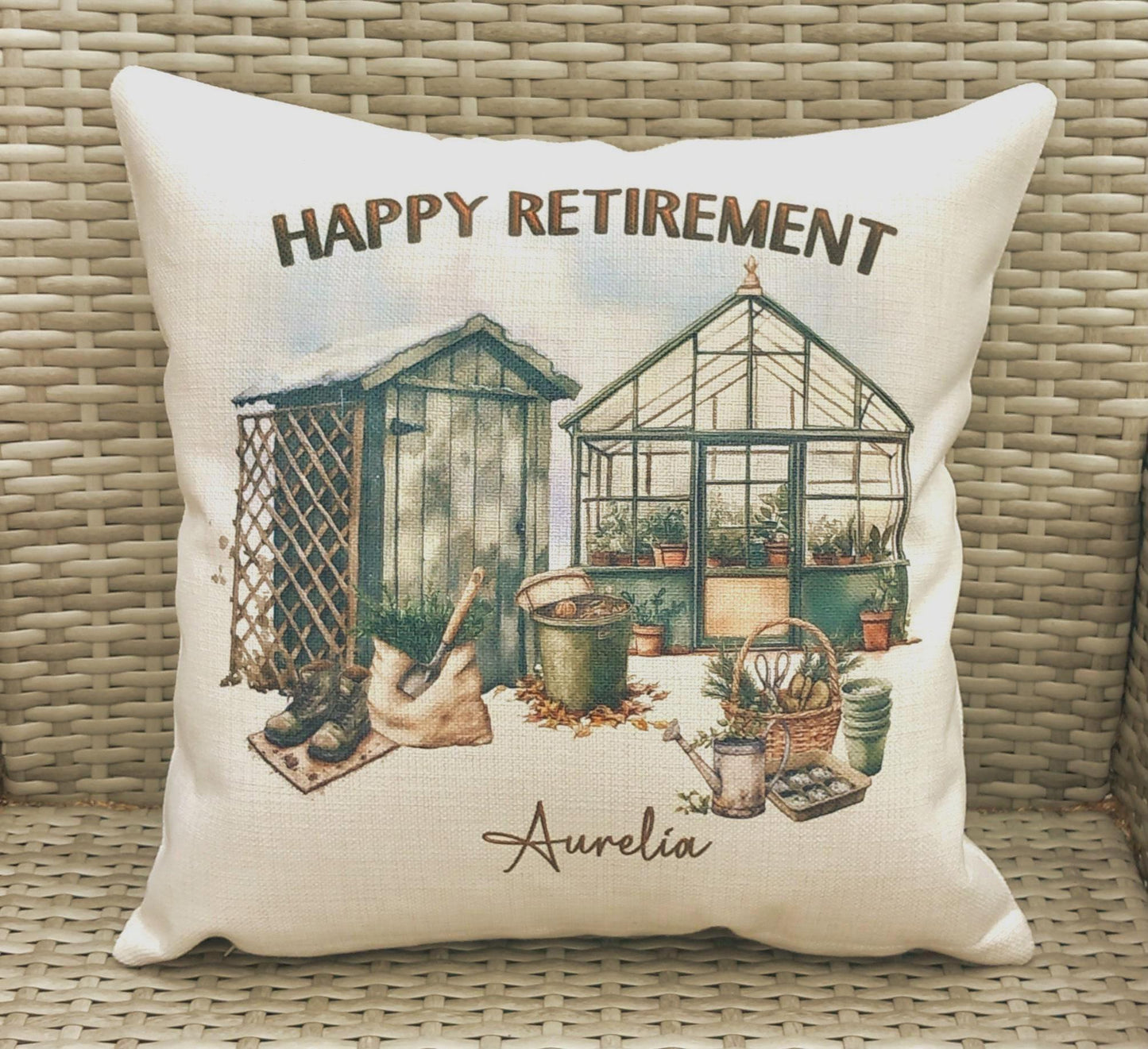 Personalised Retirement Cushion, Gardener Gift for Him, Happy Retirement Pillow, Custom Name Garden Shed Cushion, Gift for Dad or Grandad
