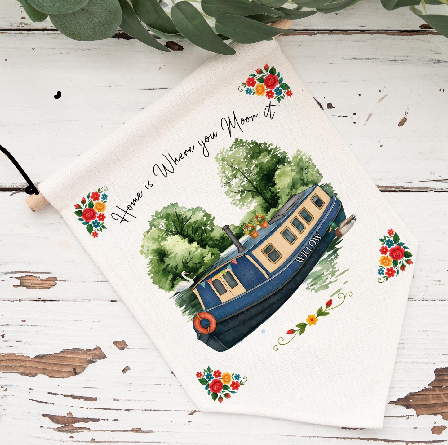 Gifts for Narrowboat Owners - Canal Barge Decor - Personalised Customised - Cushion, Bag, mugs, Pennant - Choose Colour and Boat Name