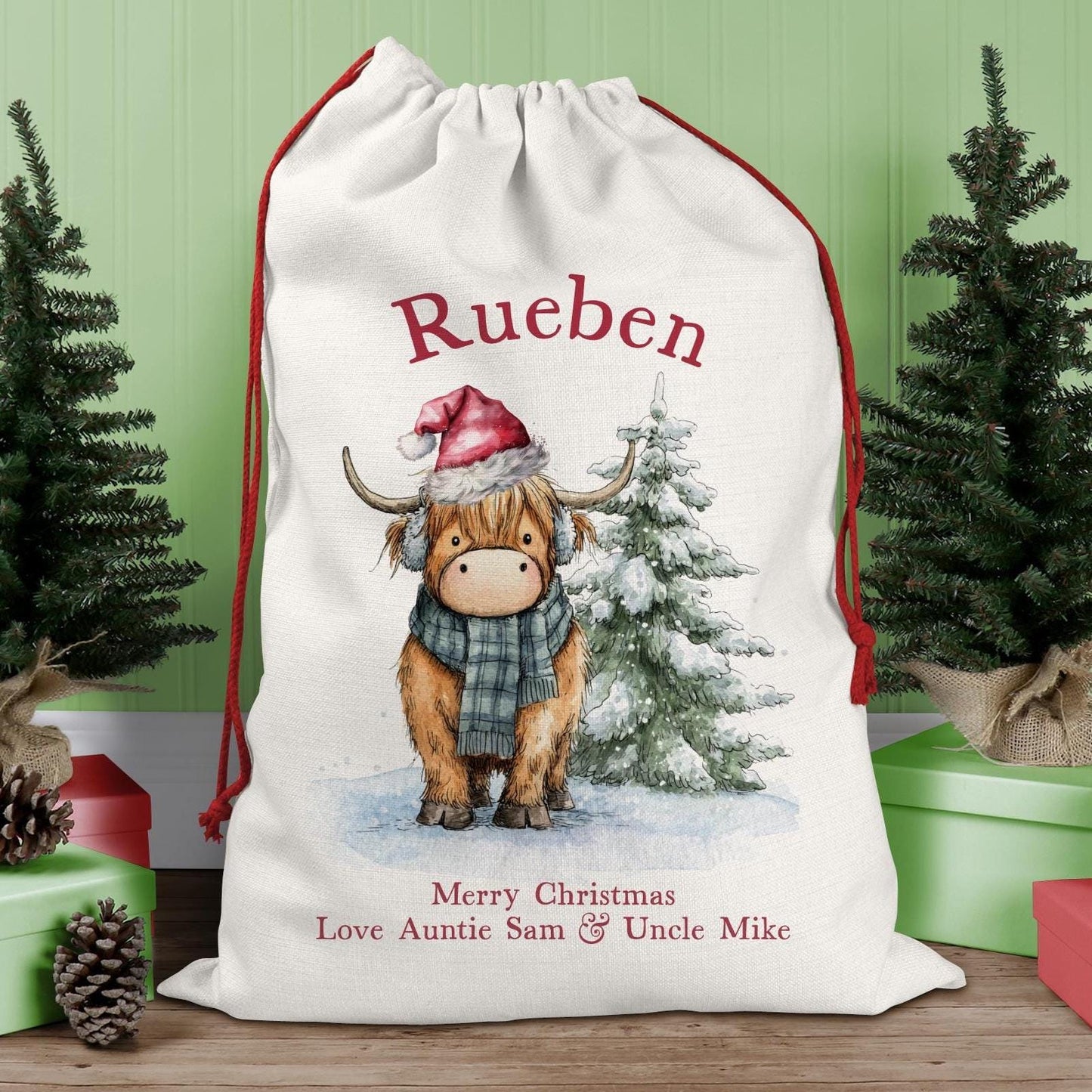 Customised Large Linen Santa Sack with a Christmas Highland Cow Theme - 50 x 70 cm - Add Names & Message - 3 Designs - Kids/Adults Gift Sack