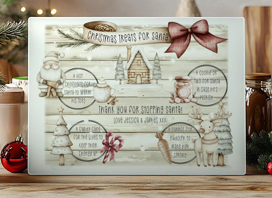 Large Personalised Santa's Treats Glass Board - Santa's hot chocolate, cookies, carrot - 38 x 28cm - Children's Christmas board for Santa