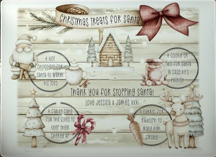Large Personalised Santa's Treats Glass Board - Santa's hot chocolate, cookies, carrot - 38 x 28cm - Children's Christmas board for Santa