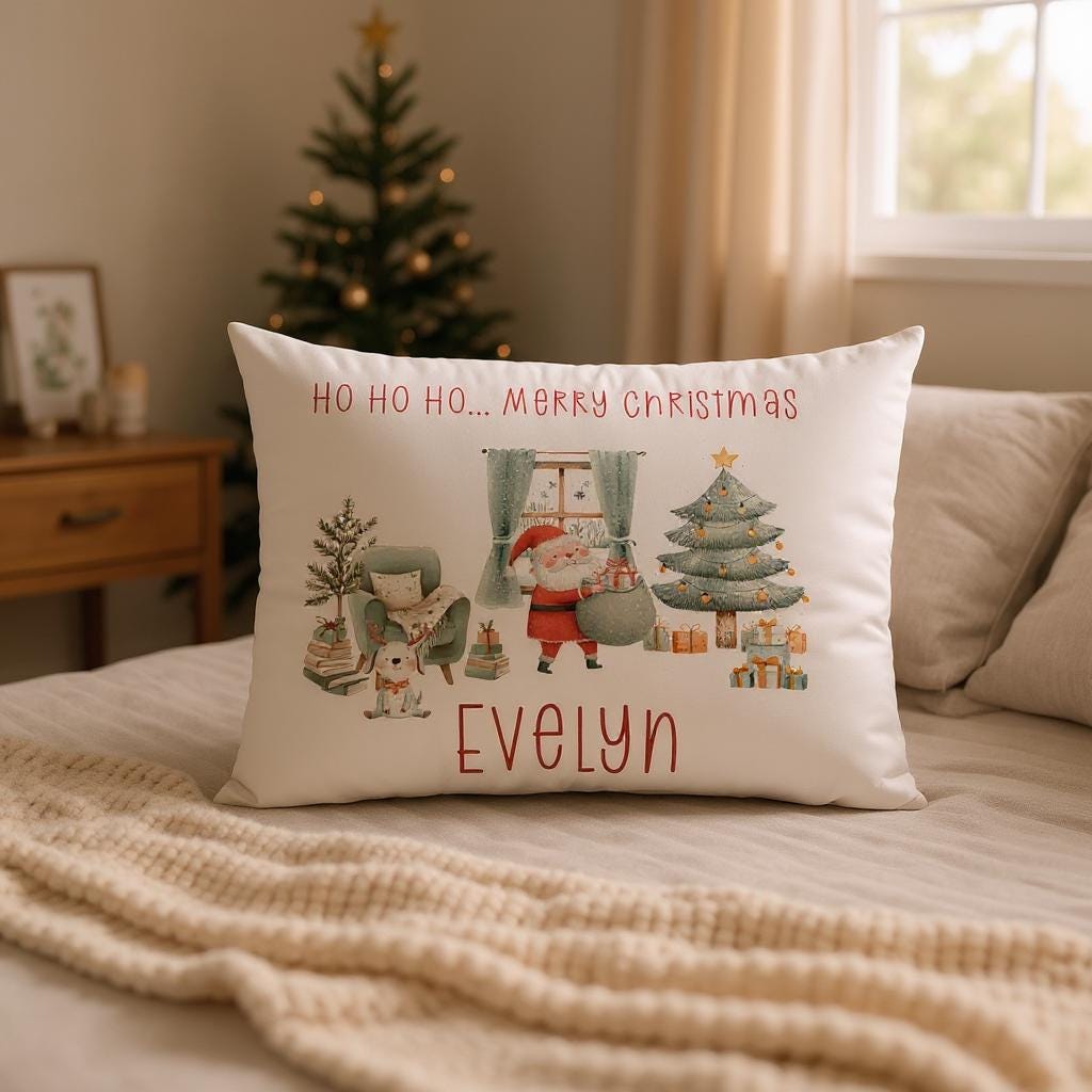 Personalised Children's Christmas Pillowcase with Sweet Santa Delivering Gifts - Children's Christmas Eve Gift - Add child's Name