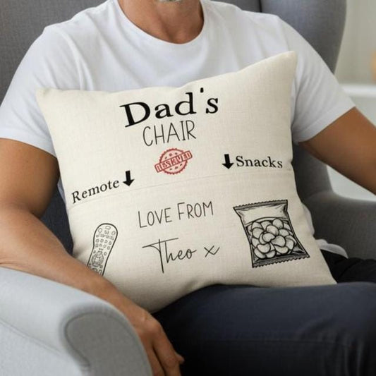 Personalised Reserved for Dad Pocket Cushion - Remote and Snacks - Gift from Kids - Linen Cushion and Cover - Fathers Day Gift