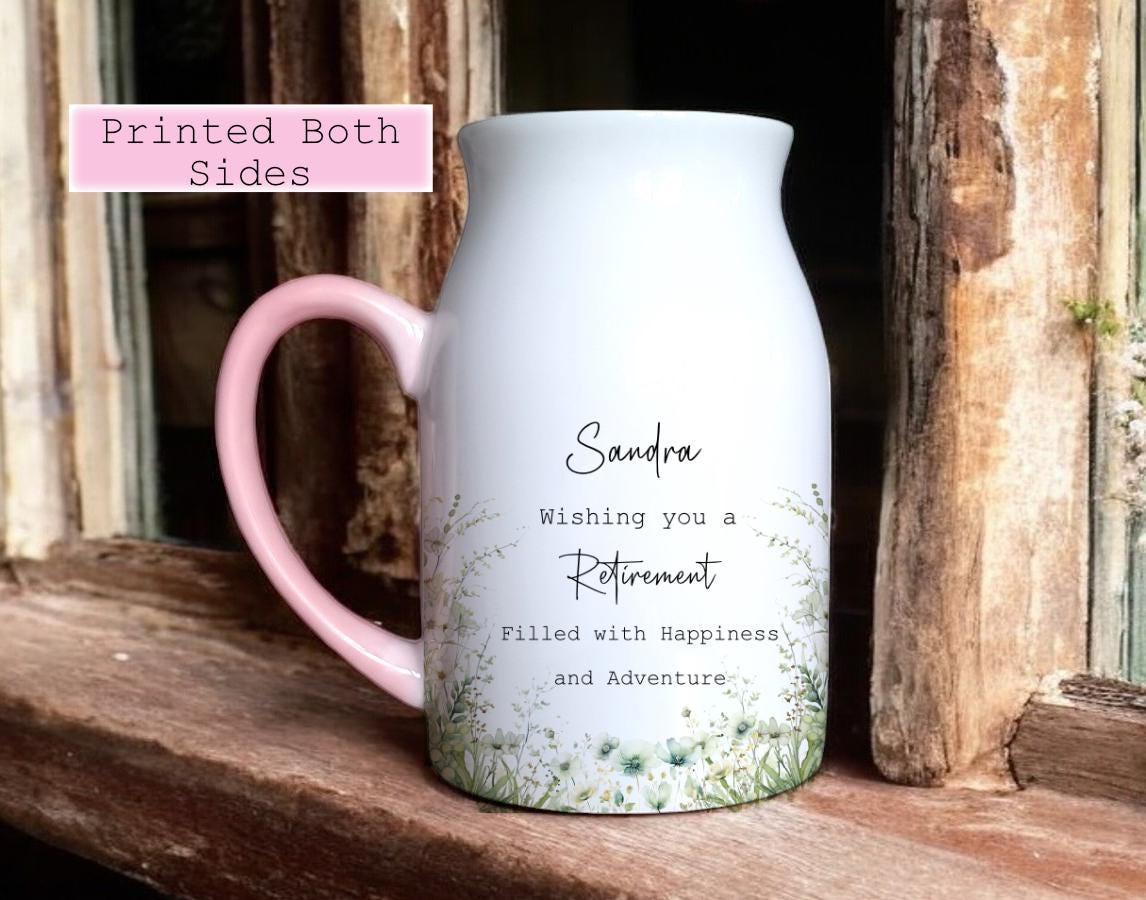 Personalised Ceramic Floral Vase Gift for Retired Ladies - Sage Florals with Quote - Add a Name - Unique Retirement Gift with Box - Flowers
