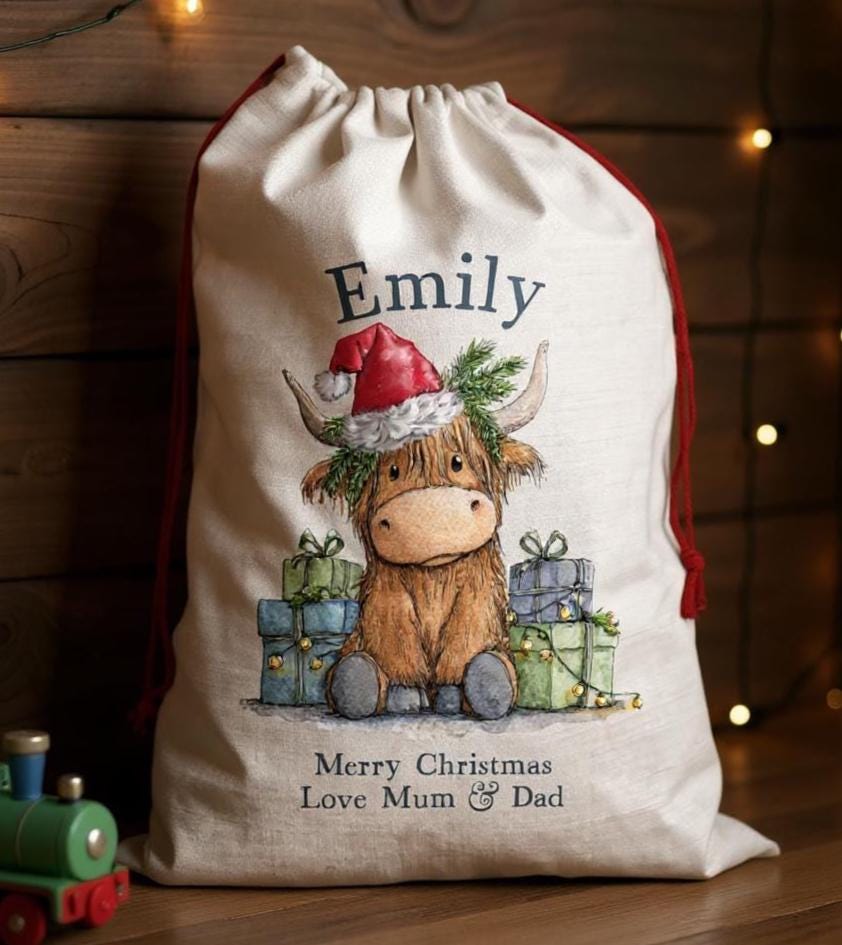 Customised Large Linen Santa Sack with a Christmas Highland Cow Theme - 50 x 70 cm - Add Names & Message - 3 Designs - Kids/Adults Gift Sack