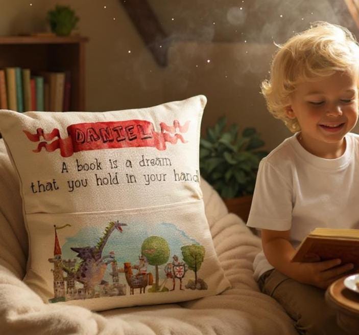 Personalised Knights and Dragons Story Book Cushion - Birthday Gift for Infant - Linen - Castles and Knights - Book Pillow for Boys