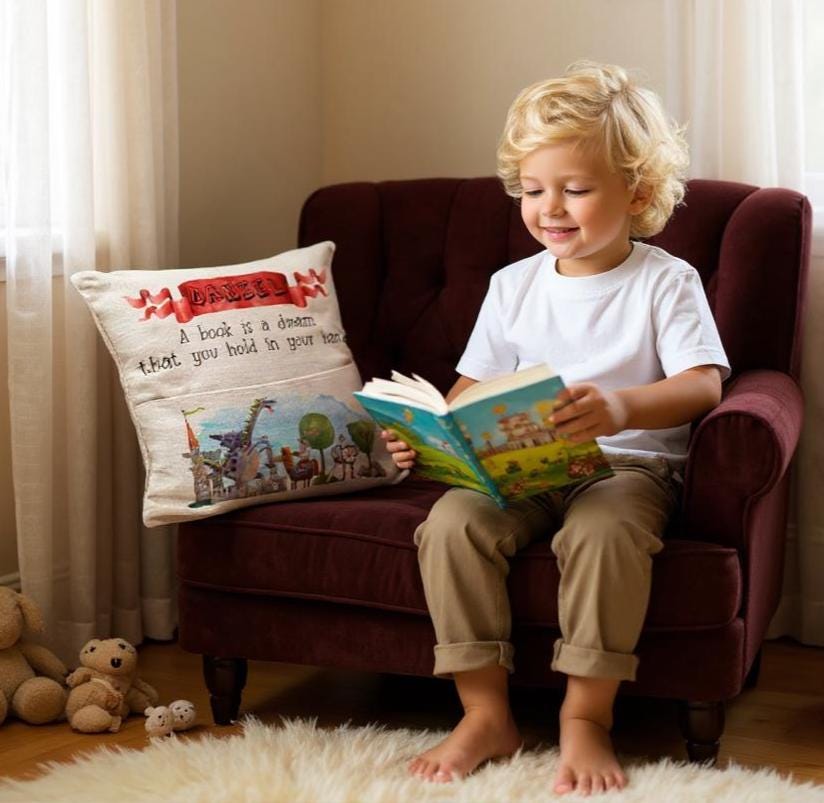 Personalised Knights and Dragons Story Book Cushion - Birthday Gift for Infant - Linen - Castles and Knights - Book Pillow for Boys