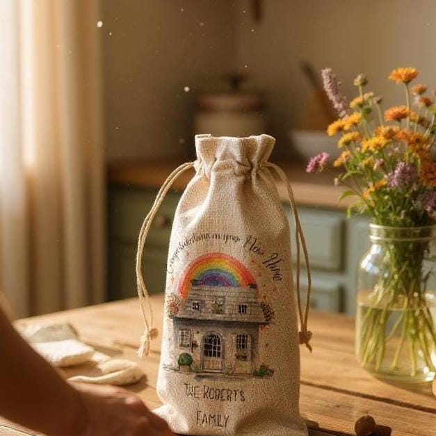 Congratulations on your New Home Personalised Hessian Drawstring Bottle Bag - Wine Champagne Presentation Bag - First Home Gifting