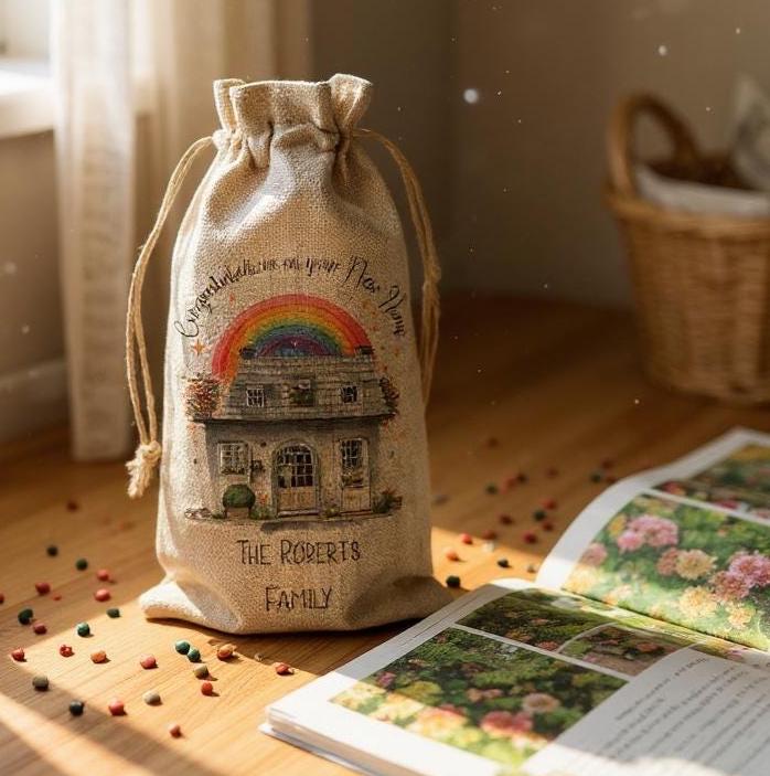 Congratulations on your New Home Personalised Hessian Drawstring Bottle Bag - Wine Champagne Presentation Bag - First Home Gifting