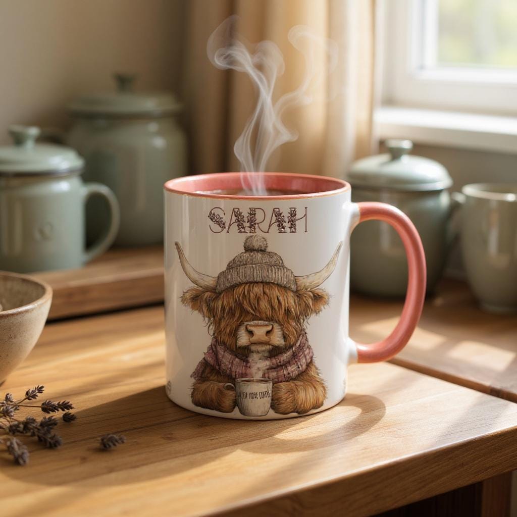 Personalised Highland Cow Mug – Cute Winter Coffee Cup with Name, Pink Handle and Inner - Highland Cow Gift for Her - Highland Cow Lovers