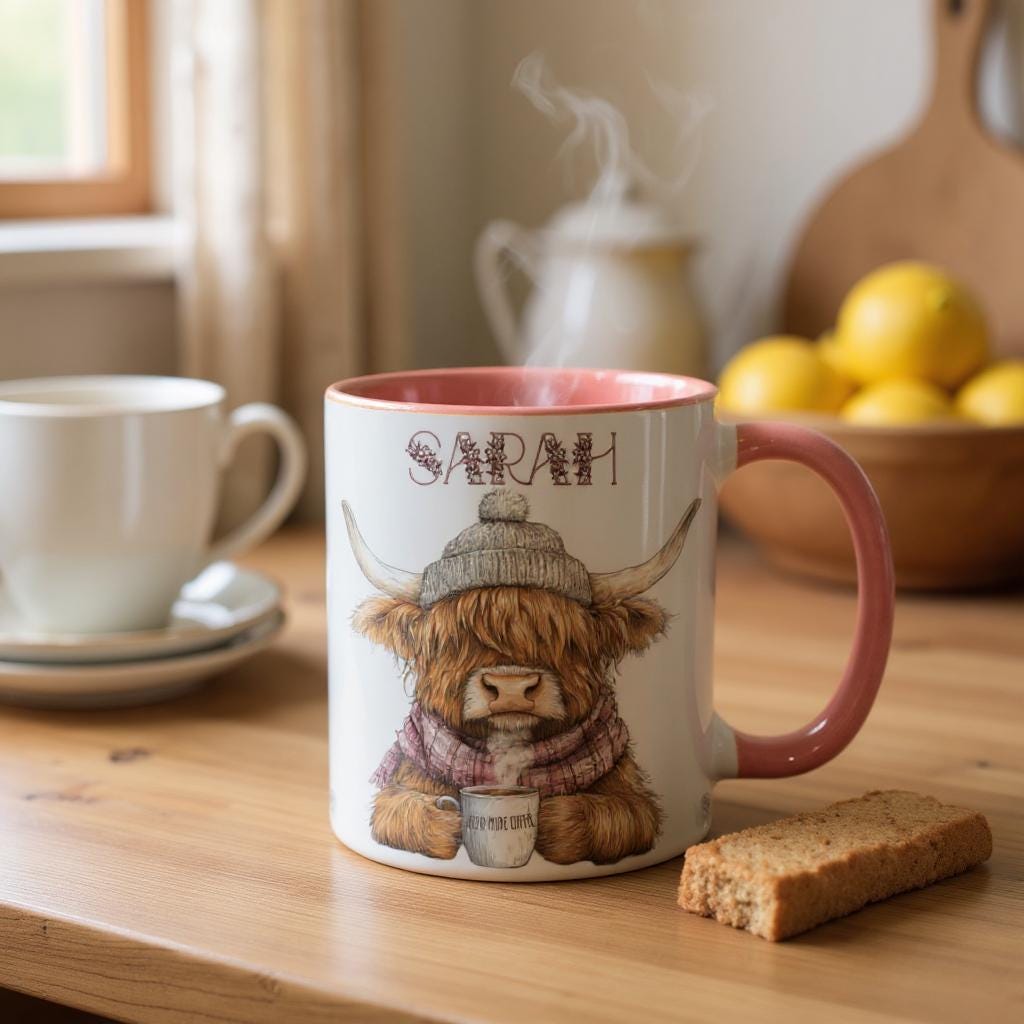 Personalised Highland Cow Mug – Cute Winter Coffee Cup with Name, Pink Handle and Inner - Highland Cow Gift for Her - Highland Cow Lovers