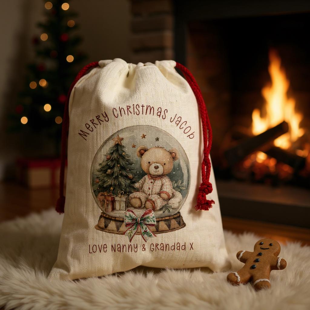 Personalised Small Christmas Santa Sack – Custom Teddy Bear Sack with Name, Kids Gift Bag, Linen Texture - Xmas Eve Bag - For Baby/toddler
