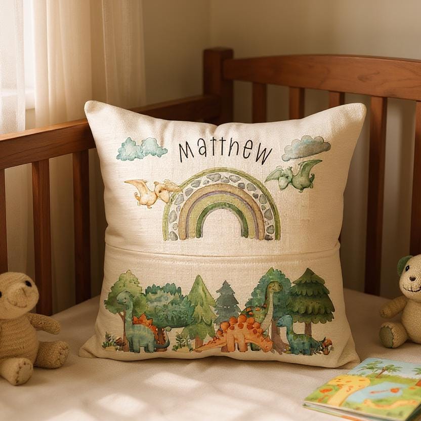 Personalised Dinosaur Book Pocket Cushion | Custom Name Cushion | Kids Reading Gift - Cute Dinosaurs - Boys Dino Pillow - Storybook Cushion