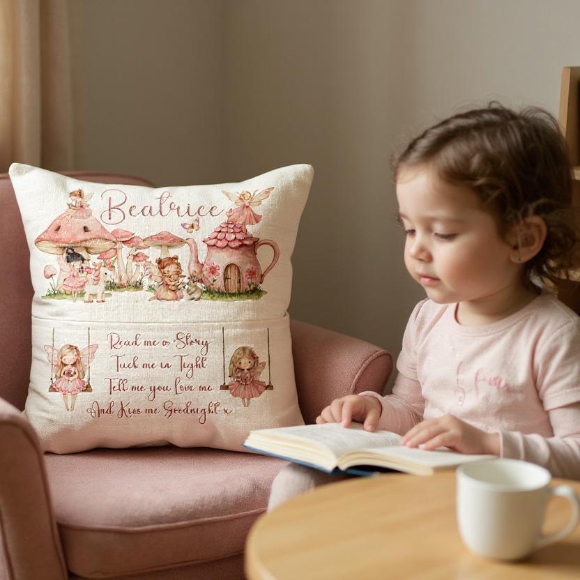 Personalised Fairy Book Pocket Pillow | Custom Name Cushion | Nursery Decor | Storytime Gift | Baby Shower Present - Girl's Linen Cushion
