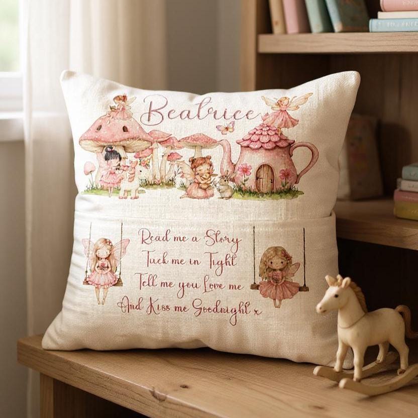Personalised Fairy Book Pocket Pillow | Custom Name Cushion | Nursery Decor | Storytime Gift | Baby Shower Present - Girl's Linen Cushion