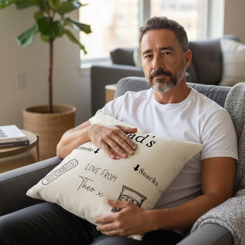 Personalised Reserved for Dad Pocket Cushion - Remote and Snacks - Gift from Kids - Linen Cushion and Cover - Fathers Day Gift