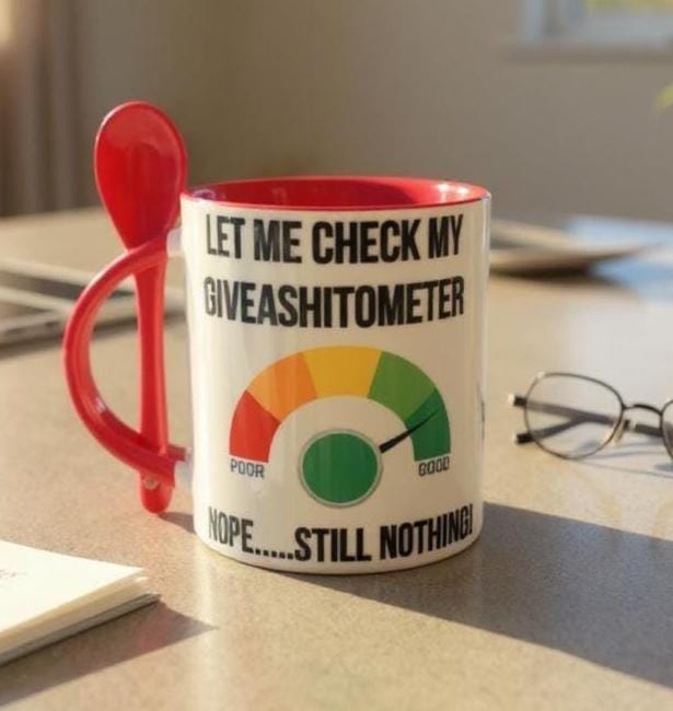 Novelty Giveashitometer Mug with Spoon - Funny Work Mug - Latte/Cappuccino Mug - Gift for Work Colleague - Red Inner - Colleague Office Mug