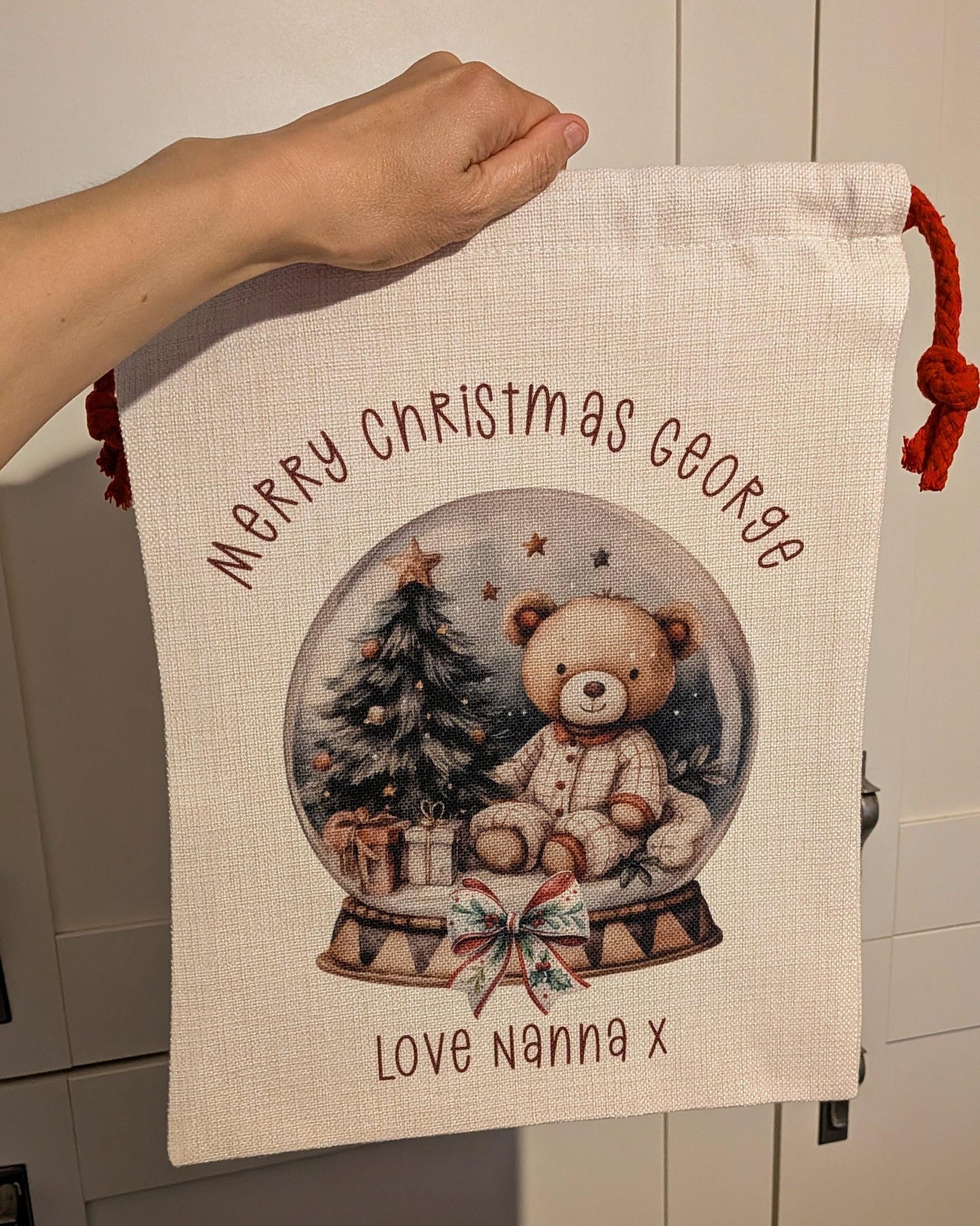Personalised Small Christmas Santa Sack – Custom Teddy Bear Sack with Name, Kids Gift Bag, Linen Texture - Xmas Eve Bag - For Baby/toddler