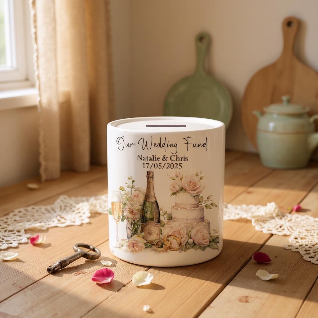 Personalised Ceramic 110z Wedding Fund Money Box with Gift Box - Gifts for engaged couple - Getting Married Gift - Mr and Mrs - With stopper